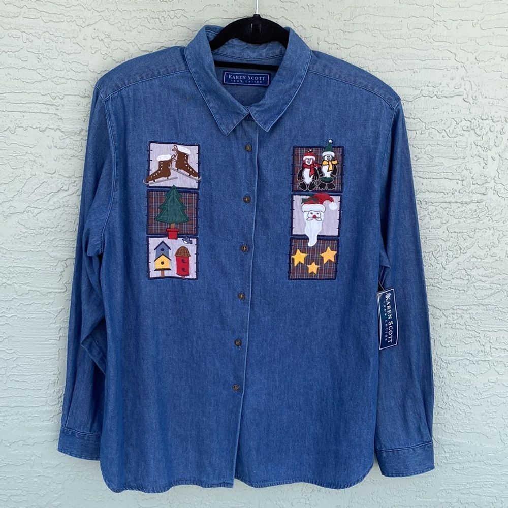 Karen Scott NWT Sz XL Christmas Jean Button Down